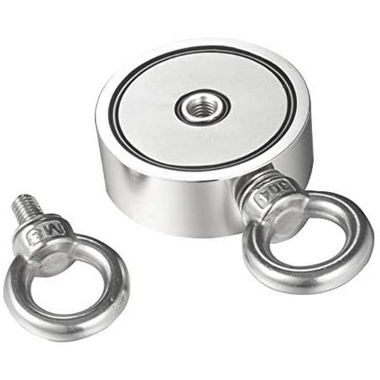 200KG Double Sided Fishing Magnet with Double Eye Bolts one connected one unscrewed